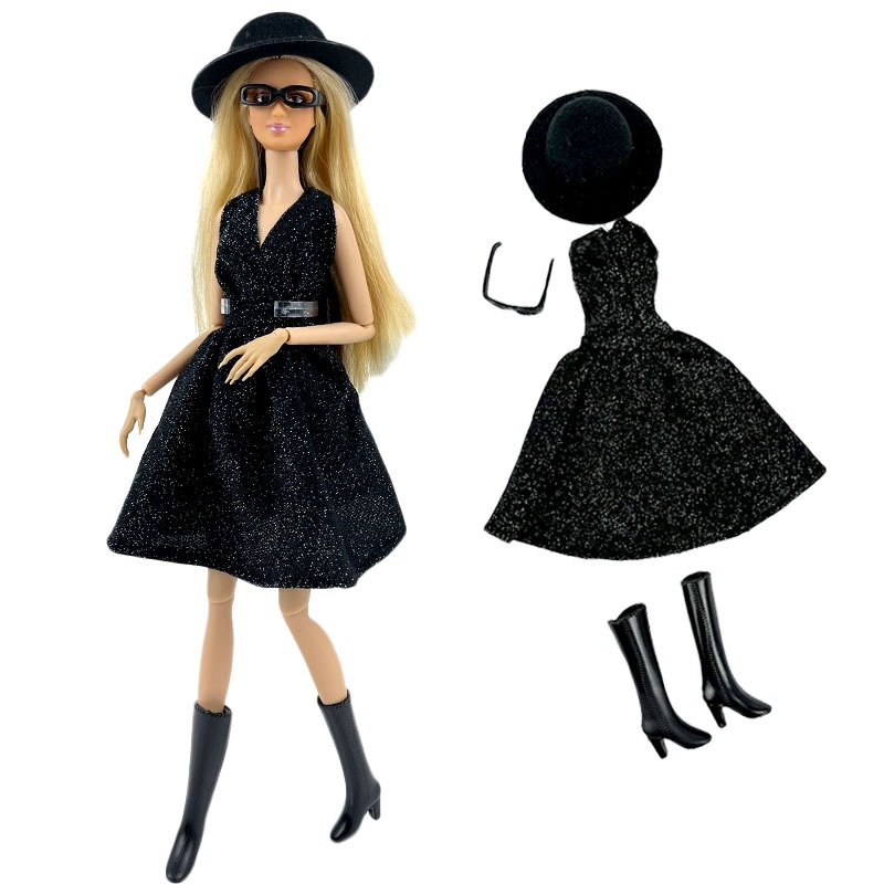芭比娃娃衣服 套裝  鞋子 帽子 眼鏡套裝 心怡 6分30cm娃娃衣服 夢露裙子 黑色