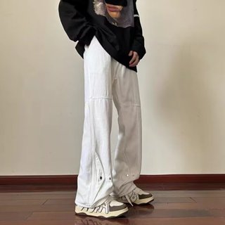 【S-3XL】美式風格高街白色牛仔褲男士春秋季直筒鈕扣設計長褲