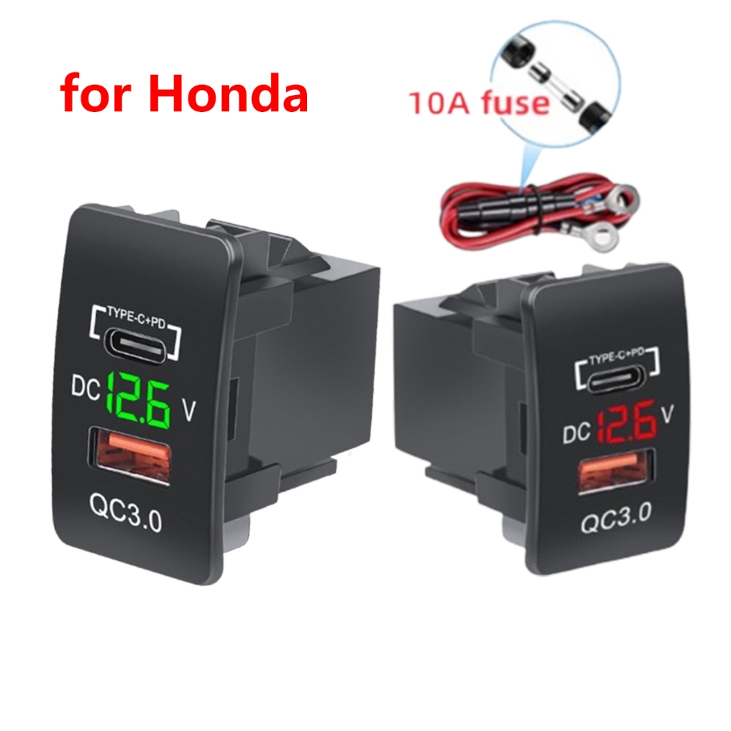 HONDA Qc3.0 USB PD Type-C 車載充電器插座快速充電,帶數字電壓表 10A 保險絲,適用於本田飛度