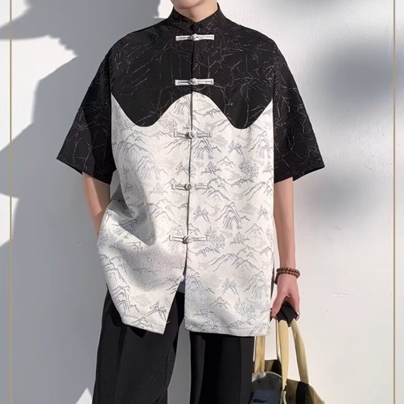 新中式國風短袖襯衫男女同款 2024夏季提花小眾寬鬆中山裝 襯衫外套