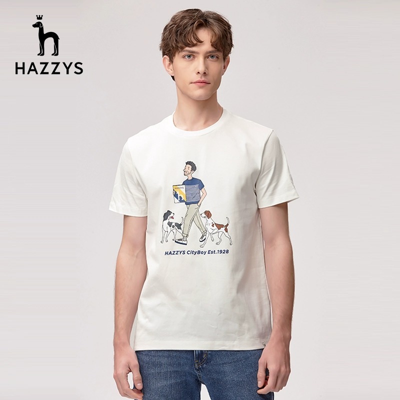 Hazzys新款休閒寬鬆透氣圓領步行卡通t恤男女潮流