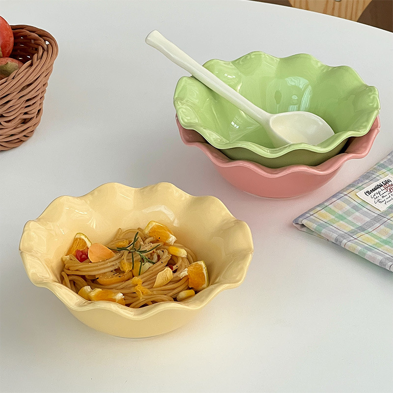 【Spring Lemon】韓式花邊陶瓷碗 燕麥片早餐碗 優格碗 沙拉碗 水果碗 意面碗 耐熱小吃碗 拌飯碗15cm