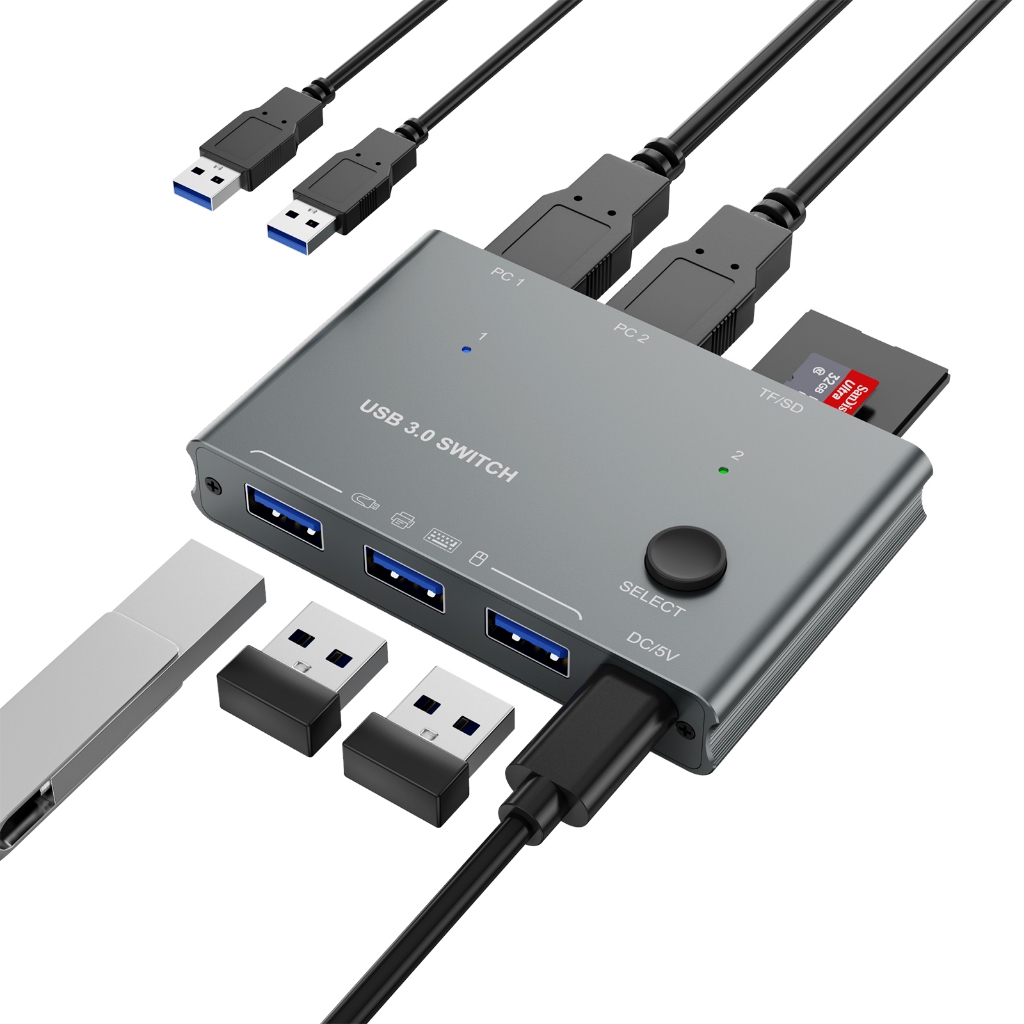 Usb 3.0 切換器選擇器 2 計算機共享 3 個 USB 設備 1 個 TF/SD 卡 KVM 切換器集線器適配器,