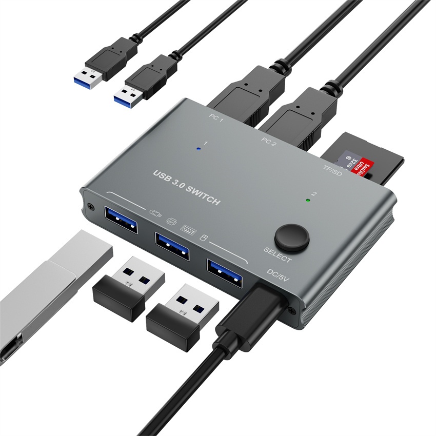 Usb 3.0 KVM 切換器選擇器 2 台計算機共享 3 個 USB 設備,帶 2 個端口讀卡器,帶一鍵交換,適用於鼠