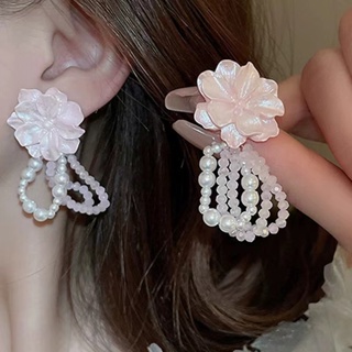 法式水晶珍珠櫻花耳環時尚花朵高級感耳飾