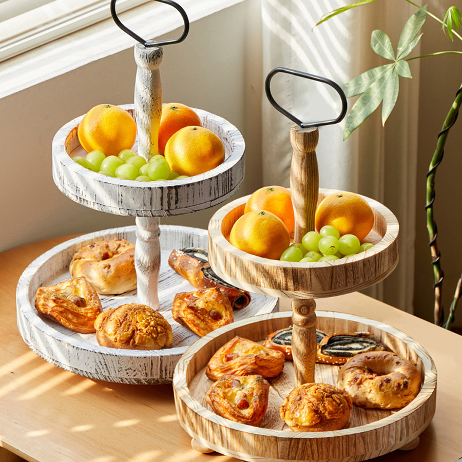 1pc創意木製雙層蛋糕托盤圓形水果展示架甜點架下午茶點架家用木柱雙層