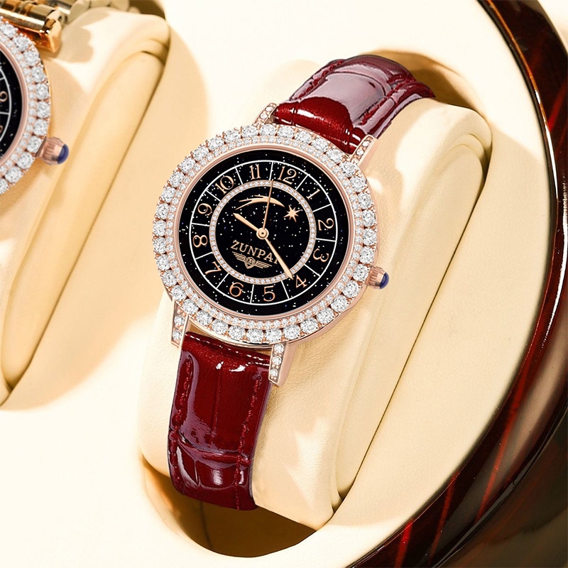 zunpai 女士手錶原裝防水不銹鋼皮革錶帶時尚潮流施華洛世奇鑽石女士手錶高品質石英模擬優雅女士手錶奢華