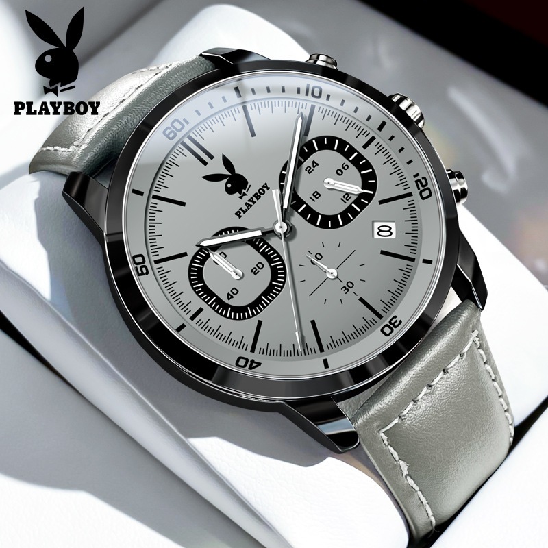 [現貨] PLAYBOY 3065 新款  計時碼錶 日曆 多功能 皮帶 石英錶 簡約 學生 男士手錶 男表