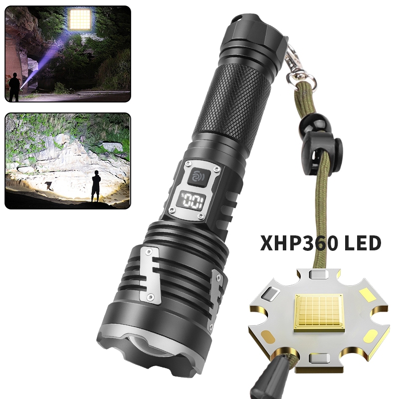 Xhp360 LED超亮手電筒1800LM遠距離30W LED充電量顯示IPX4防水伸縮變焦5速照明戶外應急手電筒142