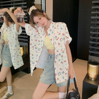 「NZN」韓版慵懶風寬鬆短袖襯衫女夏季復古碎花翻領上衣
