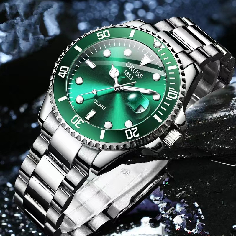 ORUSS原裝品牌商務豪華不鏽鋼防水夜光時尚男士手錶日期石英腕錶