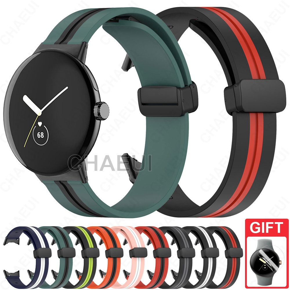 適用於 Google Pixel Watch 2 矽膠錶帶 Pixel Watch 雙色腕帶 折疊扣錶帶 運動腕帶