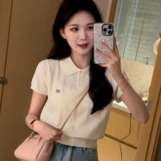 韓版學院風刺繡短袖針織T恤女設計感薄款打底衫顯瘦polo領上衣夏