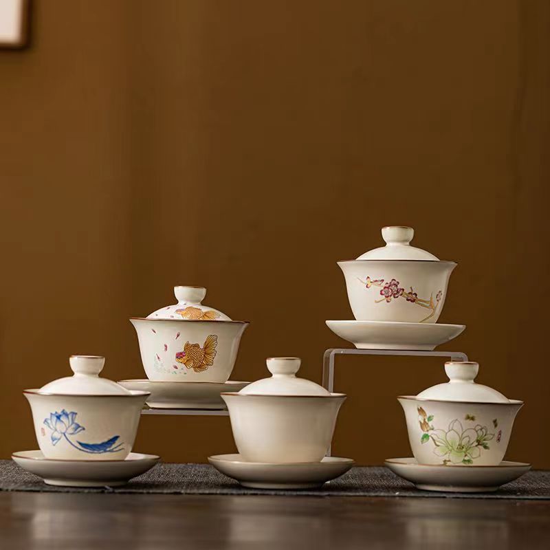 米黃汝窯三才蓋碗茶杯單個家用泡茶碗陶瓷可養開片蓋碗茶功夫茶具