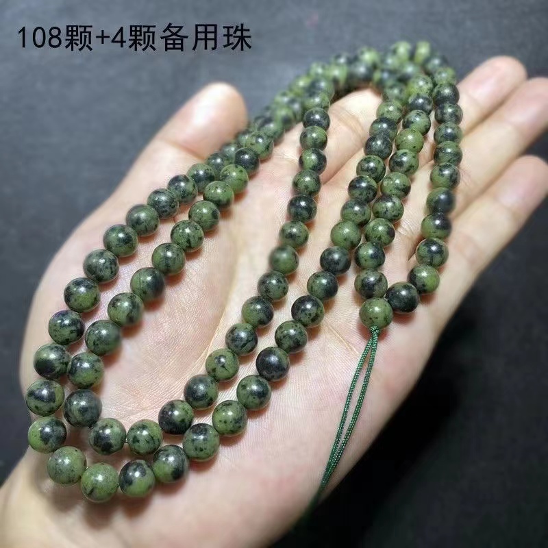 藏玉藥王石 108顆玉石珠鏈項鍊 108珠子手串 西藏男女項鍊玉珠墨綠玉石 蛇紋石玉手鍊