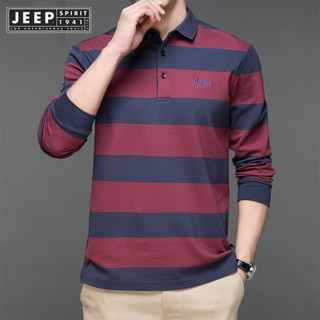 JEEP SPIRIT 1941 ESTD 新款男士條紋POLO衫休閒時尚寬鬆長袖T恤上衣