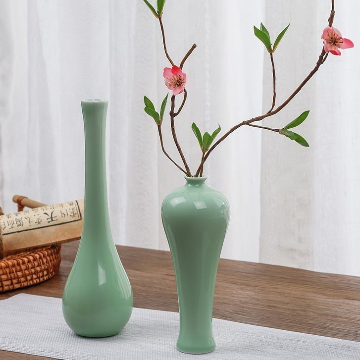 陶瓷豆青釉花瓶 中式復古花器 景德鎮茶桌乾燥花花插 居家水培 擺件裝飾