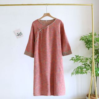 夏季女士睡裙 100%棉質七分袖裙簡約大尺碼雙層紗布家居裙色織復古中式國風裙居家睡衣