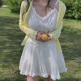 mistletoe 韓國chic夏季新款氣質甜美V領木耳邊吊帶女顯瘦度假洋裝 吊帶洋裝 雪紡洋裝 蕾絲蓬蓬裙