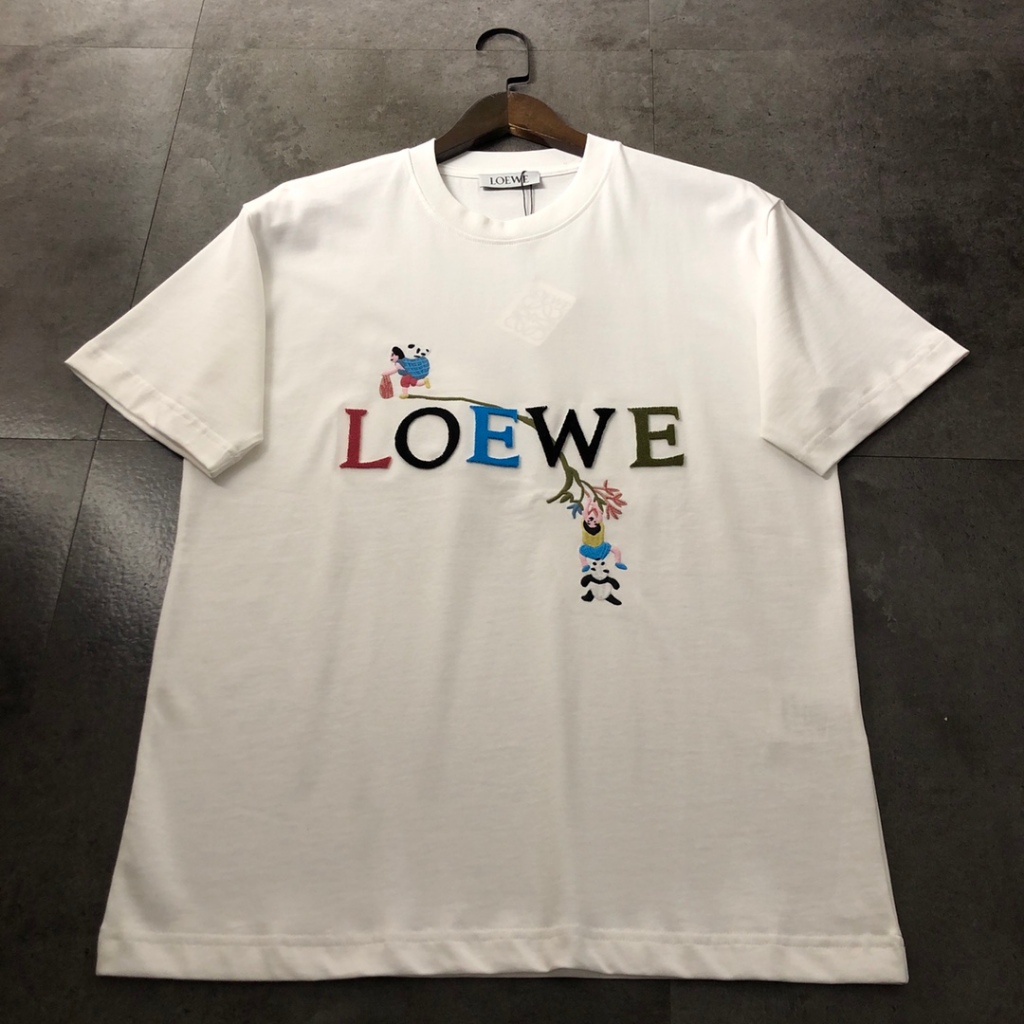 Loewe 羅意威 2024春夏新款高品質白色字母小熊牙刷繡花休閒圓領T恤短袖 男女同款