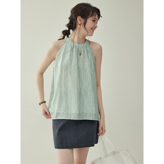 韓系素色掛脖襯衫女夏季設計感寬鬆無袖背心上衣