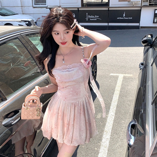 韓版旅行度假性感粉色吊帶洋裝女裝緊身收腰高級設計蕾花邊無袖雪紡A字洋裝