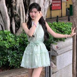 韓版休閒時尚性感綠色洋裝女裝緊身收腰高級設計印花圓領無袖雪紡洋裝