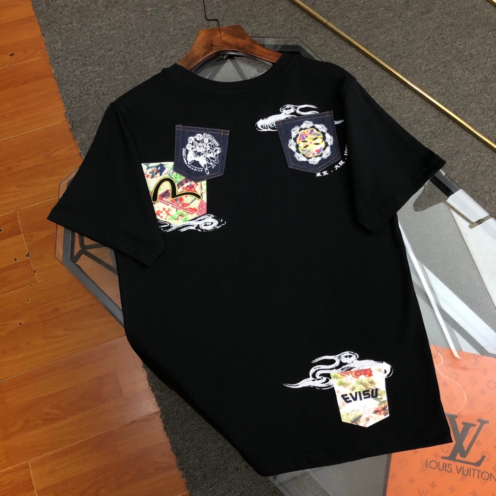 日本  福神 Evisu 2024新款男士海鷗標誌刺繡多口袋短袖T恤男女同款