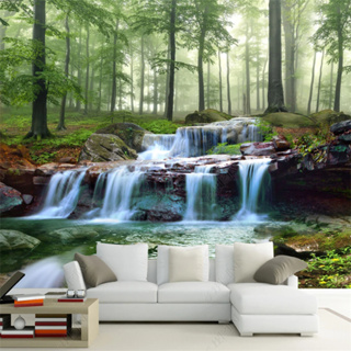 3d瀑布照片壁畫森林自然景觀3d壁紙壁畫家居裝飾客廳貼紙定製
