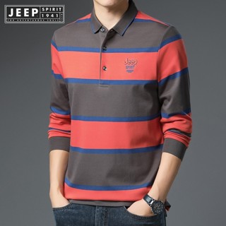 Jeep SPIRIT 1941 ESTD 男士polo衫條紋保羅純棉休閒襯衫翻領長袖T恤
