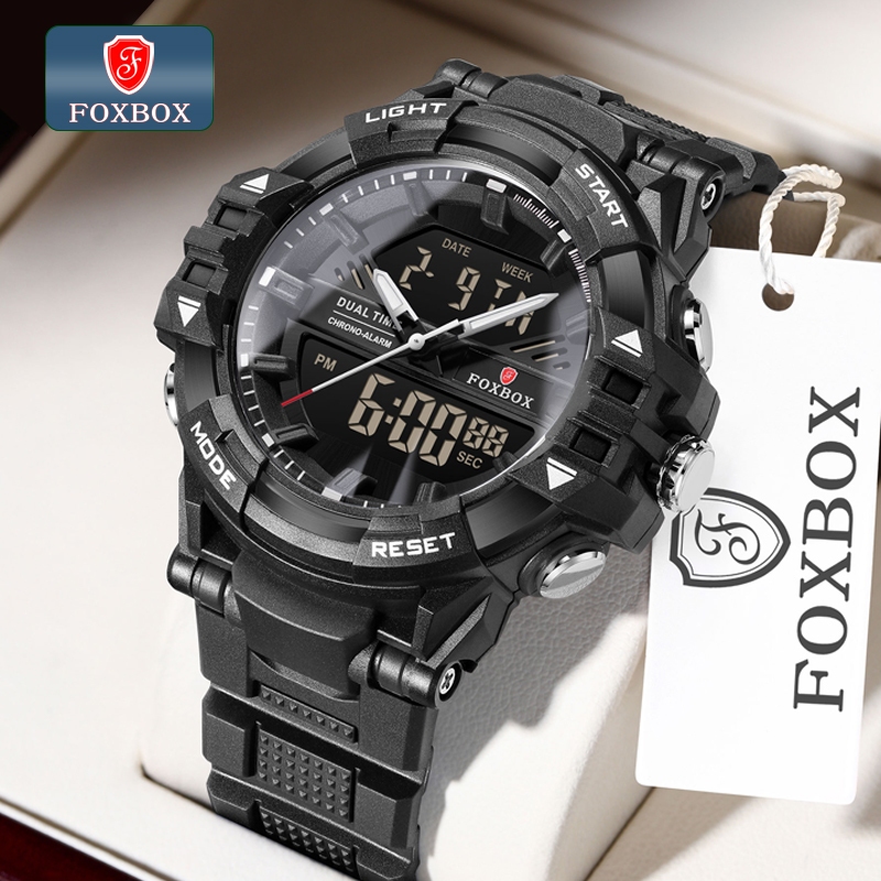FOXBOX新款數字手錶男士大錶盤雙顯示戶外防水運動夜光矽膠 LIGE 男士手錶