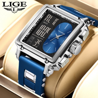 Lige 手錶男士運動雙顯示矽膠錶帶防水豪華石英腕錶