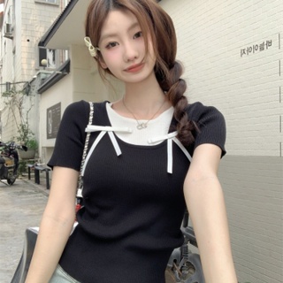 「NZN」夏季新款韓版修身甜美撞色假兩件蝴蝶結針織短袖t恤女