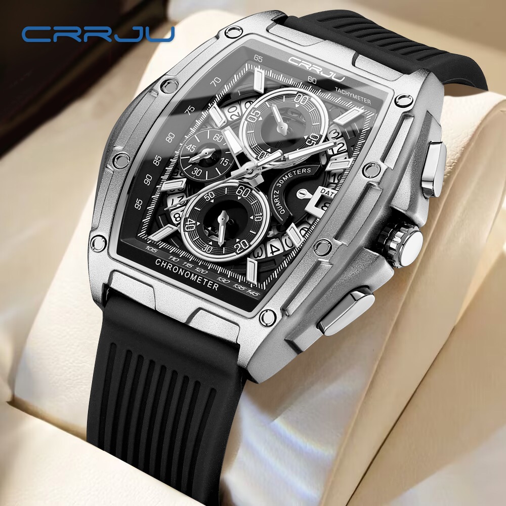 Crrju 品牌 男士手錶 機械風 新款酒桶型設計 時尚潮流 學生多功能石英錶2317 X