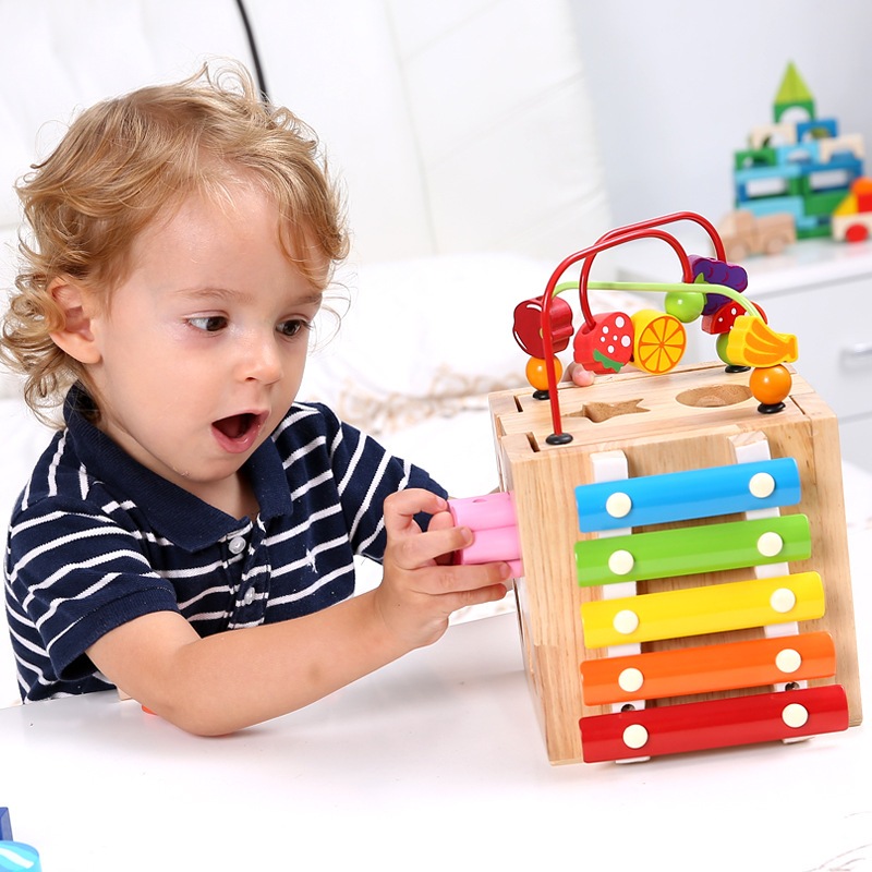兒童多功能繞珠敲琴串珠多面體百寶箱蒙梭利早教益智實木玩具