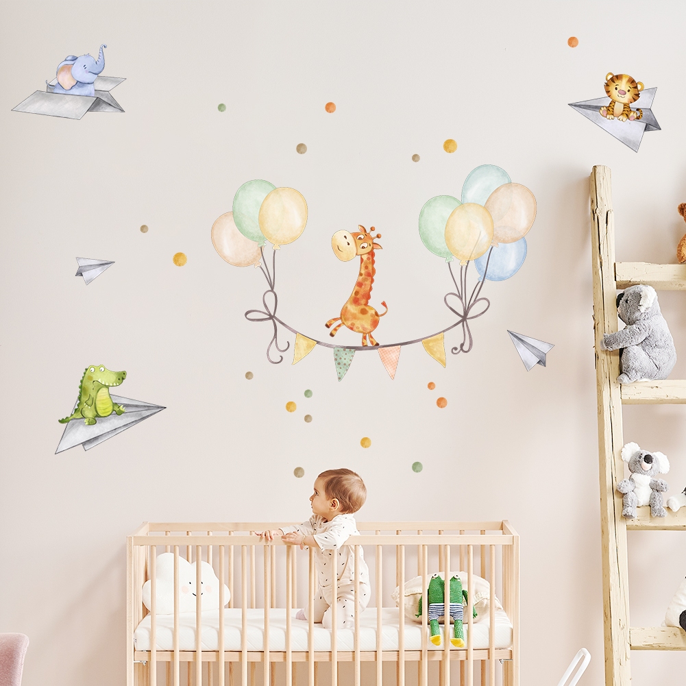 卡通大象長頸鹿動物熱氣球裝飾牆貼 兒童房臥室客廳佈置貼畫