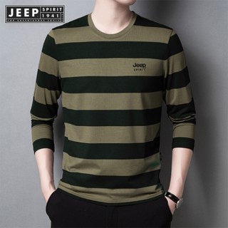 JEEP SPIRIT 1941 ESTD 男士條紋打底長袖 T 恤,圓領連帽衫