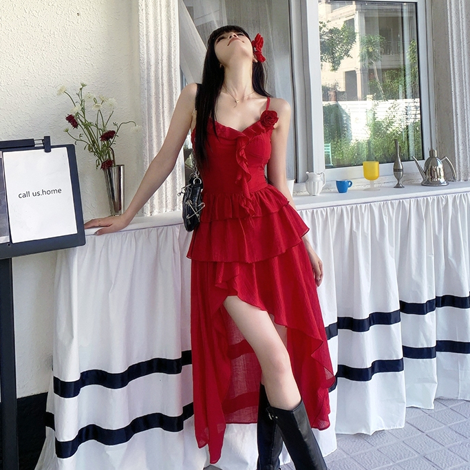 法式旅行休閒度假紅色吊帶長裙女裝緊身收腰高級設計開叉不規則無袖中長款雪紡A字洋裝