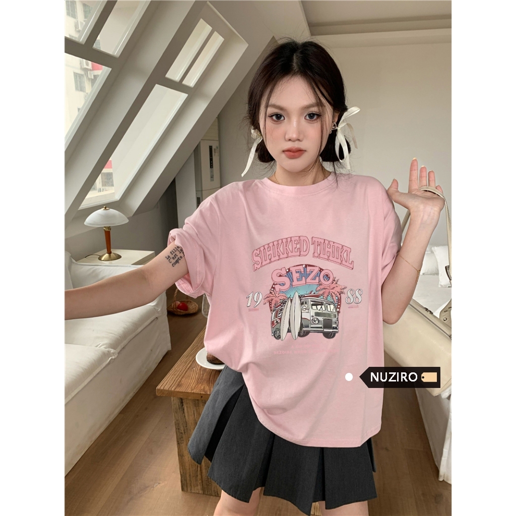 女版韓國夏季粉紅色棉質圓領大尺碼短袖上衣