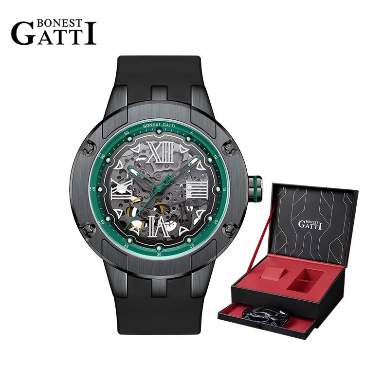 Bonest GATTI BG7701 著名男士機械表 GATTI 豪華防水皮革自動手錶橡膠運動男士手錶 Relogio