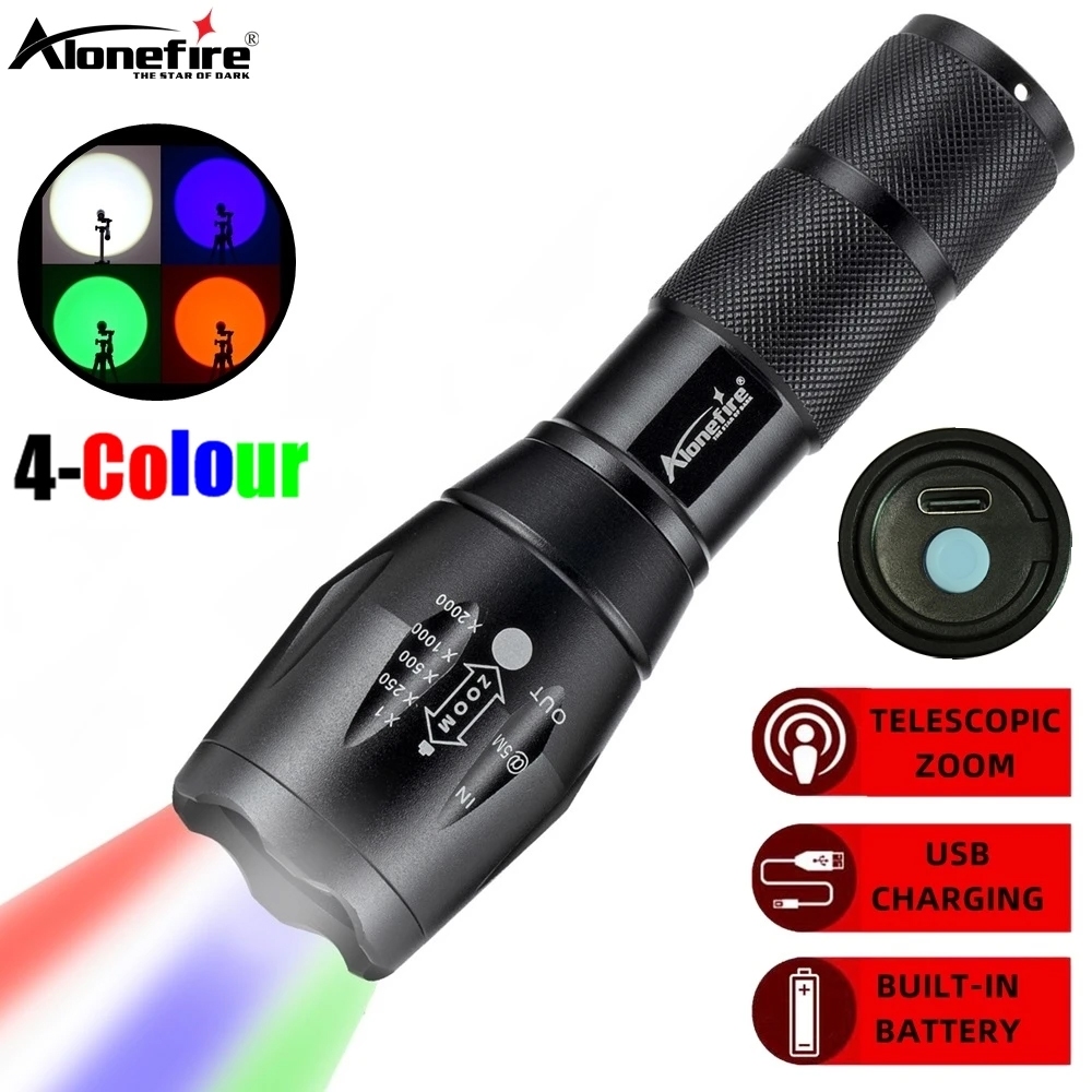 Alonefire E17-C-RGB 4合1多色變焦LED手電筒紅藍綠白燈USB充電便攜戶外攝影自拍遠足高光手電筒