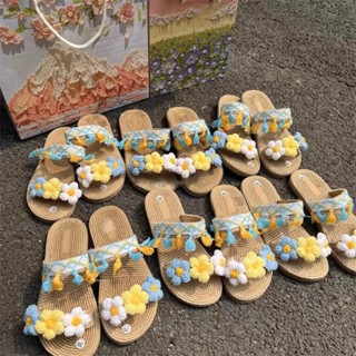 亞麻編織拖鞋夏季沙灘旅行涼鞋花朵流蘇民族風休閒平底拖鞋涼鞋