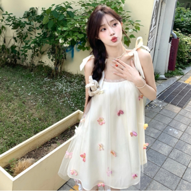 韓版旅行休閒度假雪紡吊帶洋裝女裝寬鬆時尚網紗立體訂珠花朵無袖A字洋裝