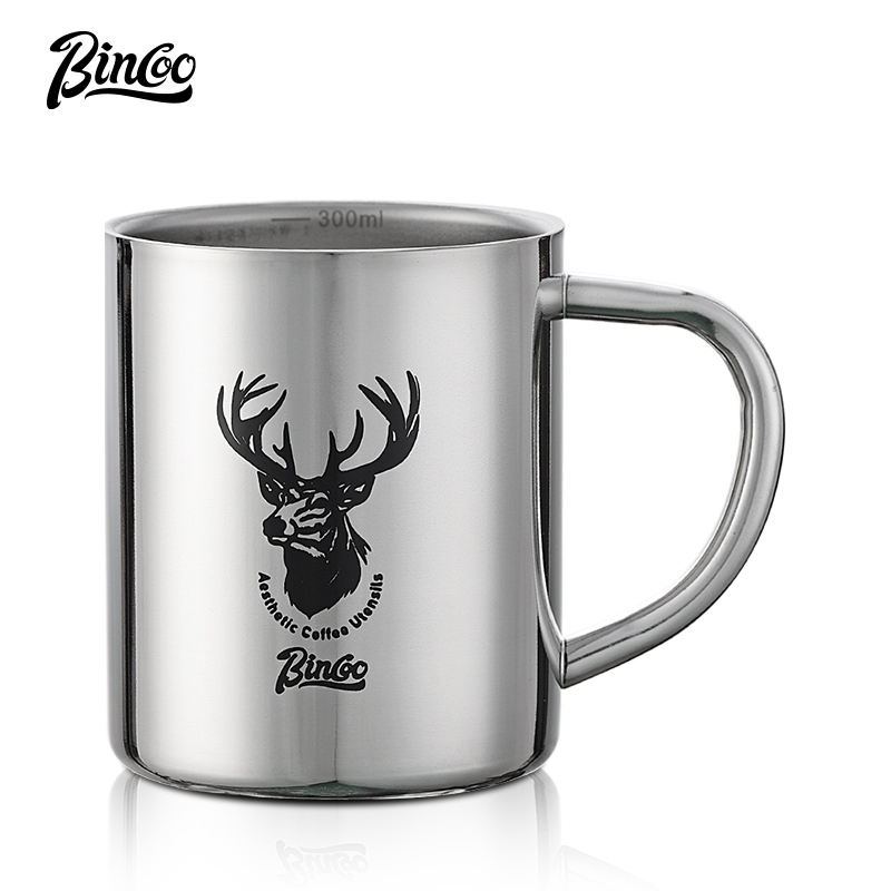 BINCOO 雙層316不銹鋼咖啡杯 設計感小眾刻度量杯 美式拿鐵牛奶杯子 300ML/400ML