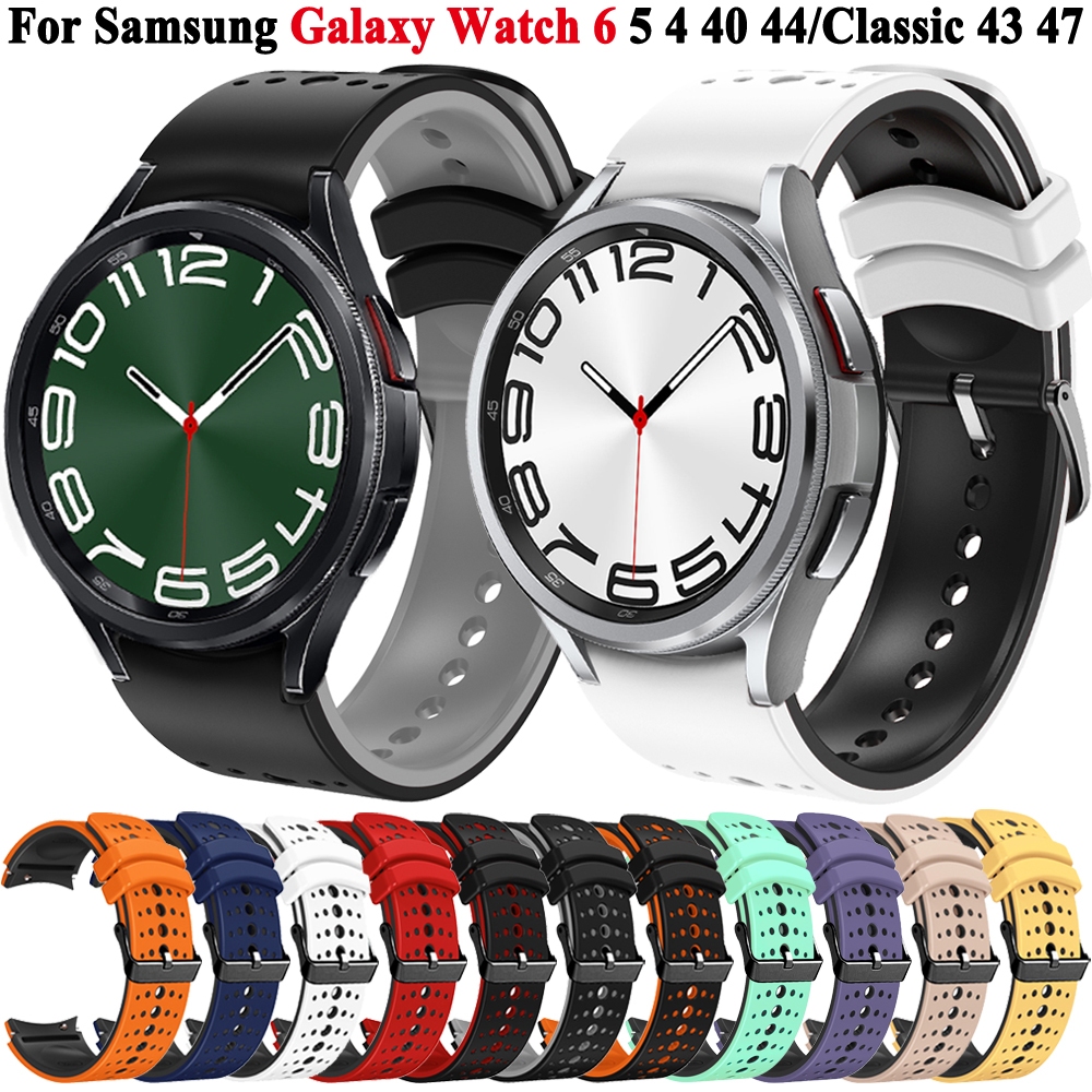 適用三星Galaxy watch 6 classic 43 47mm 按鍵弧口快拆錶帶 watch 4/5/6矽膠雙色透