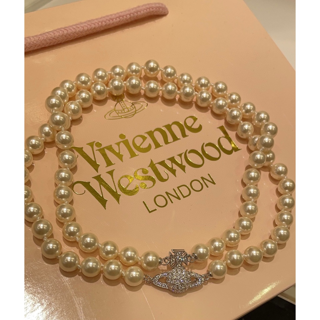 Vivienne Westwood 西太后雙層珍珠項鍊，銀色土星搭配珍珠
