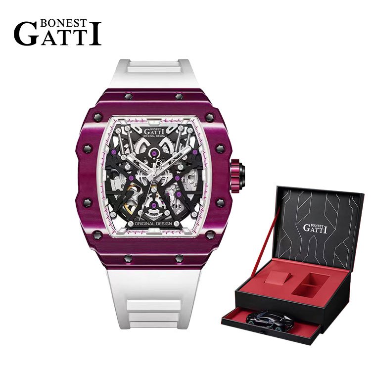 Bonest GATTI BG9906 男士自動手錶豪華機械手錶夜光碳纖維表圈 Tonneau 鈦錶殼氟橡膠