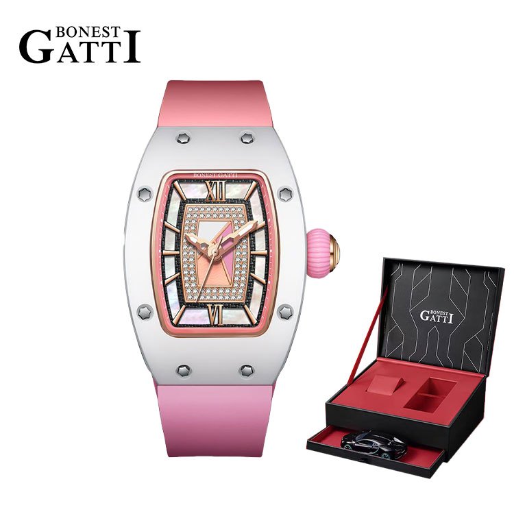 Bonest GATTI 女士自動手錶豪華女士手錶 Tonneau 機械手錶藍寶石陶瓷表圈氟橡膠錶帶