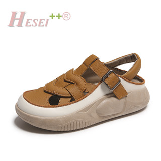 HESEI-涼鞋女軟皮厚底增高百搭包頭舒適防滑透氣鏤空外穿時尚休閒洞洞鞋