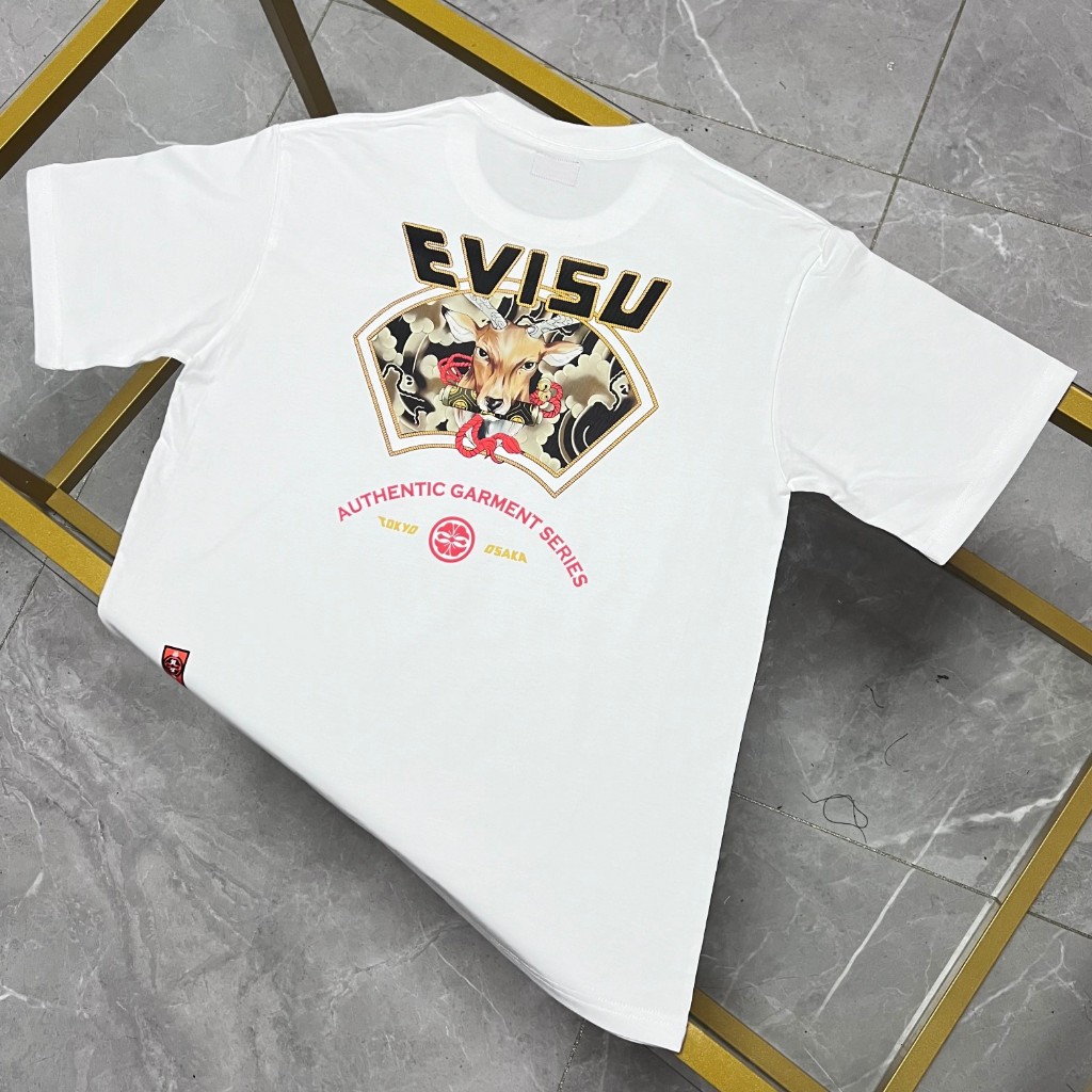 日本 Evisu 早春新款福鹿印花寬鬆福神休閒圓領短袖T恤男女同款